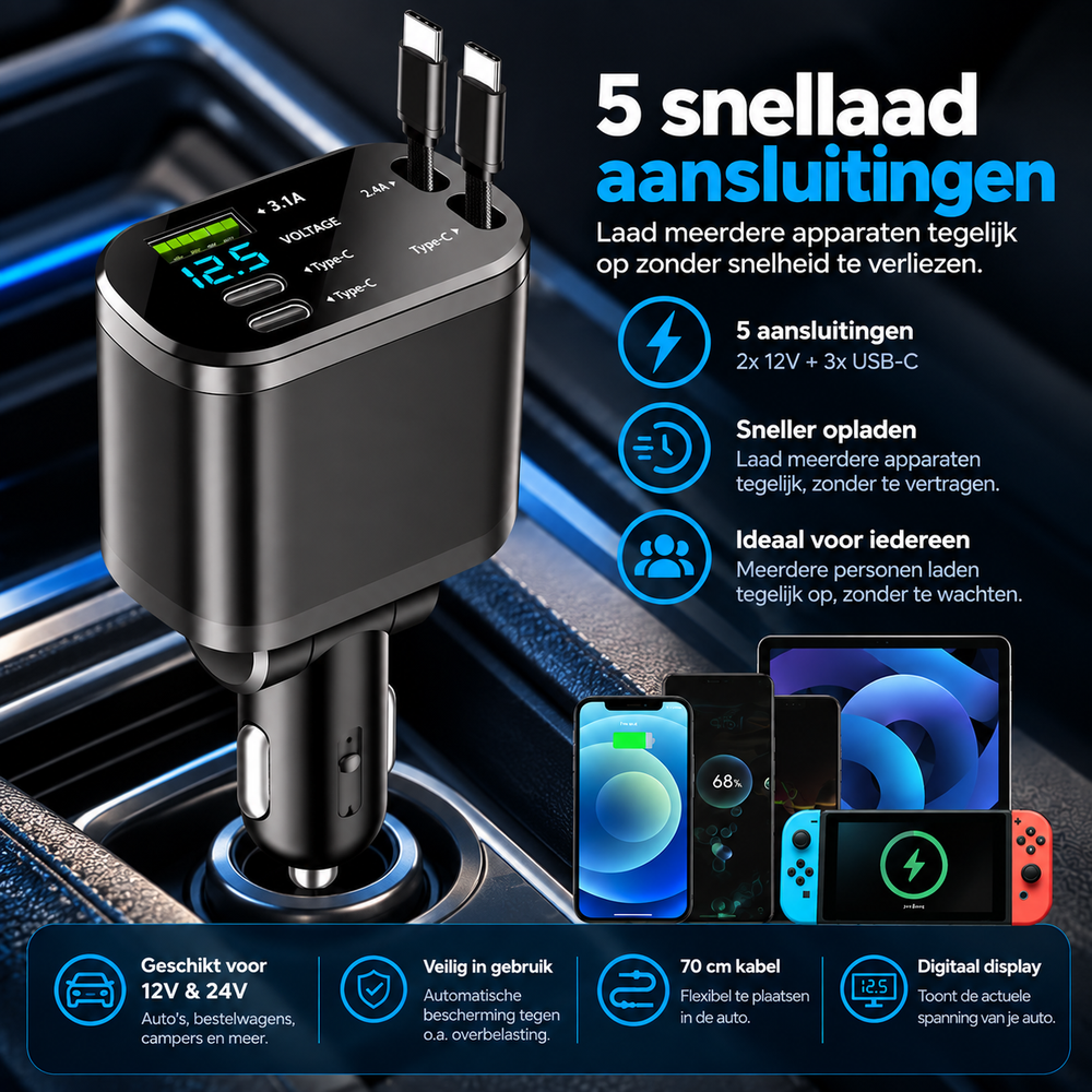 DriveNova MultiCharge 5-in-1 Auto Oplader