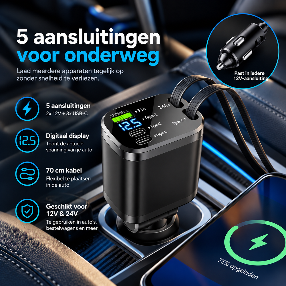 DriveNova MultiCharge 5-in-1 Auto Oplader
