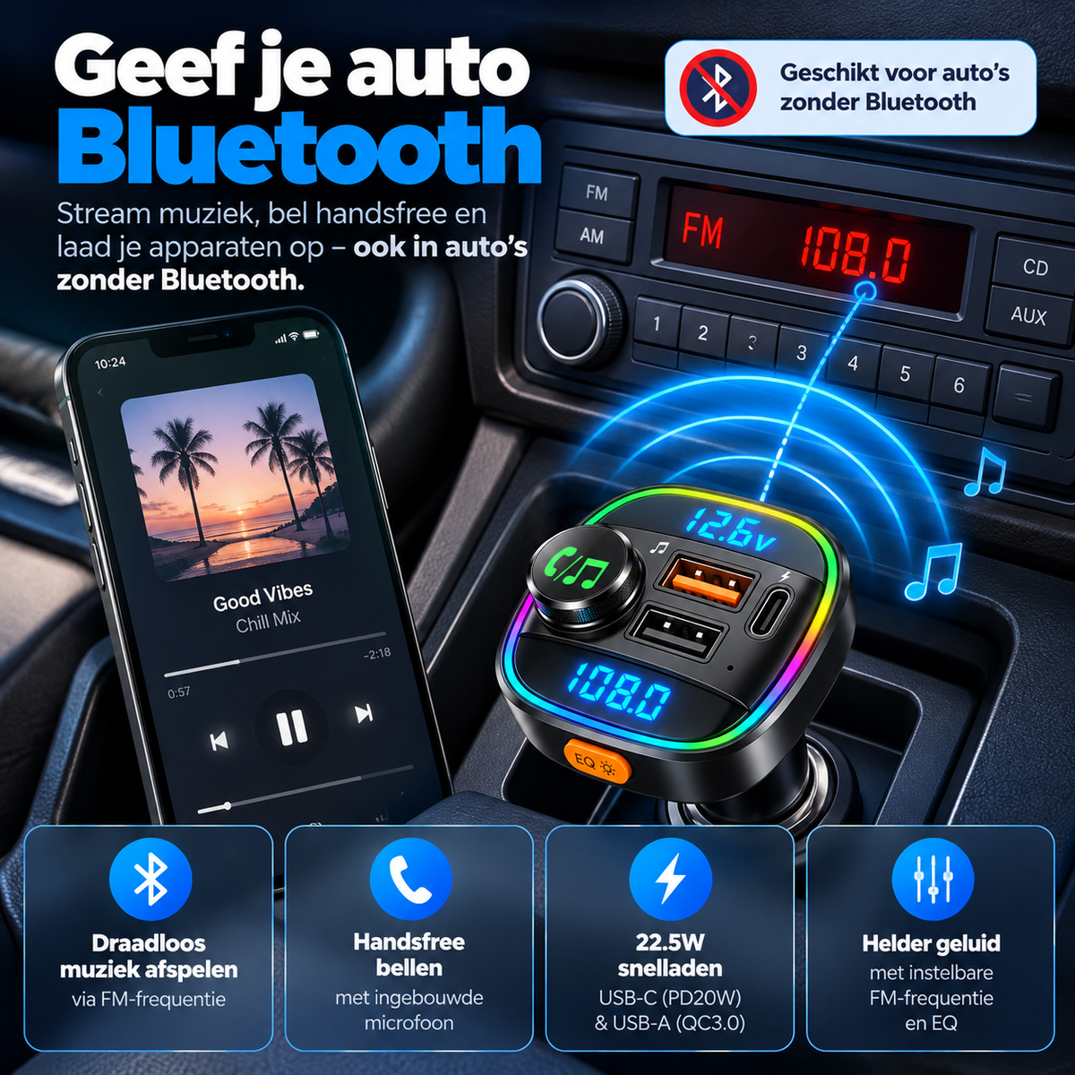 Transmiter FM Bluetooth i szybka ładowarka
