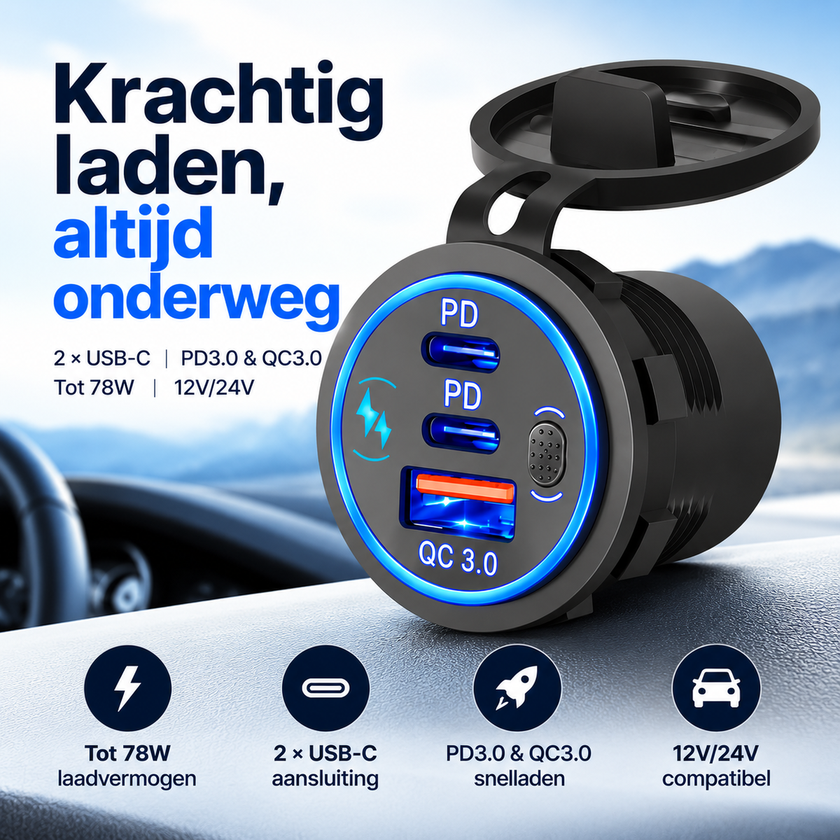 DriveNova PowerPort 78W – Dubbele USB-C Inbouwlader