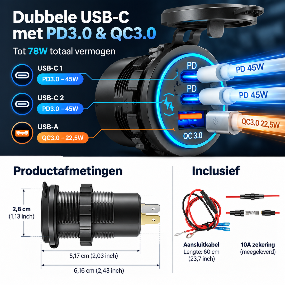 DriveNova PowerPort 78W – Dubbele USB-C Inbouwlader