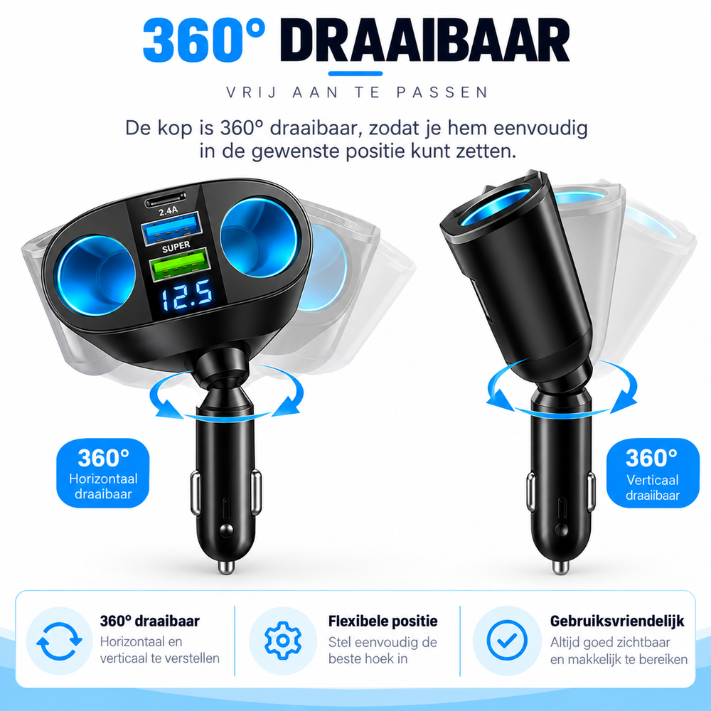 2-in-1 Auto Stopcontactverdeler & Snellader